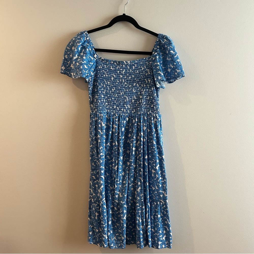 GAP Blue Patterned XS Midi Dress, lined - smocked bodice